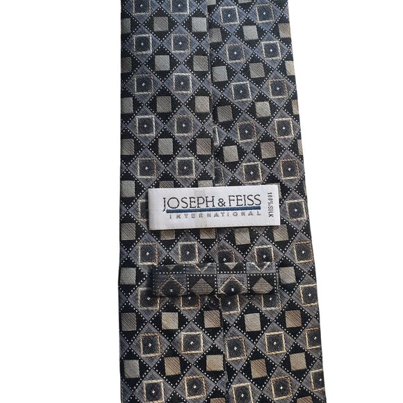 Joseph Feiss International Men Necktie Geometric Patterned Silk Tie Black Silver - Picture 4 of 5